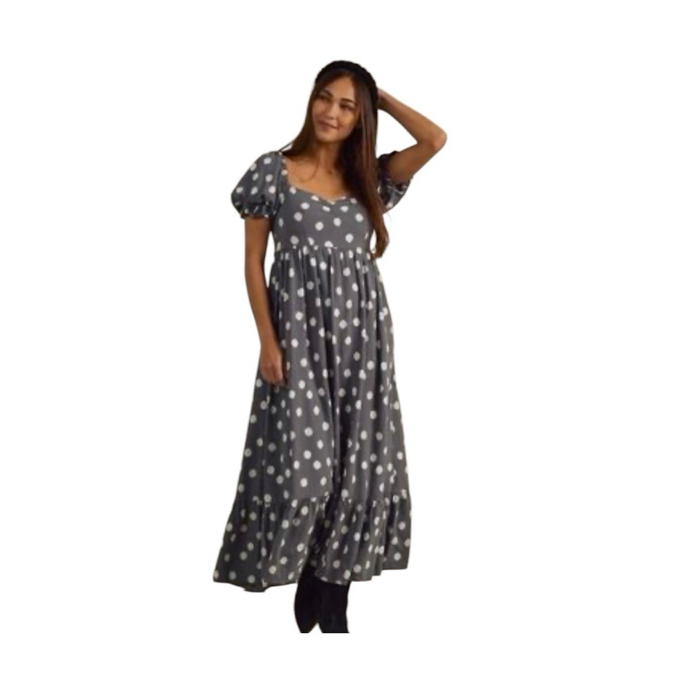 Rylee And‎ Cru Women's Linen Blend Polka Dot Dress Size S Milkmaid Coquette Grey